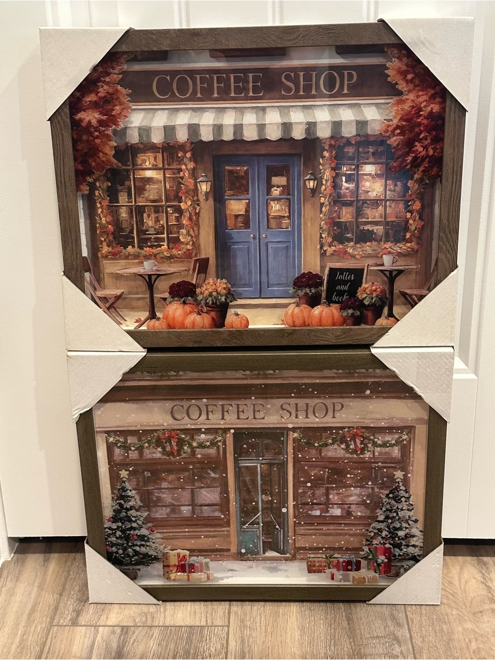 SET OF 2! Christmas & Fall Coffee Shop Framed Pictures Shadow Box Wall Art